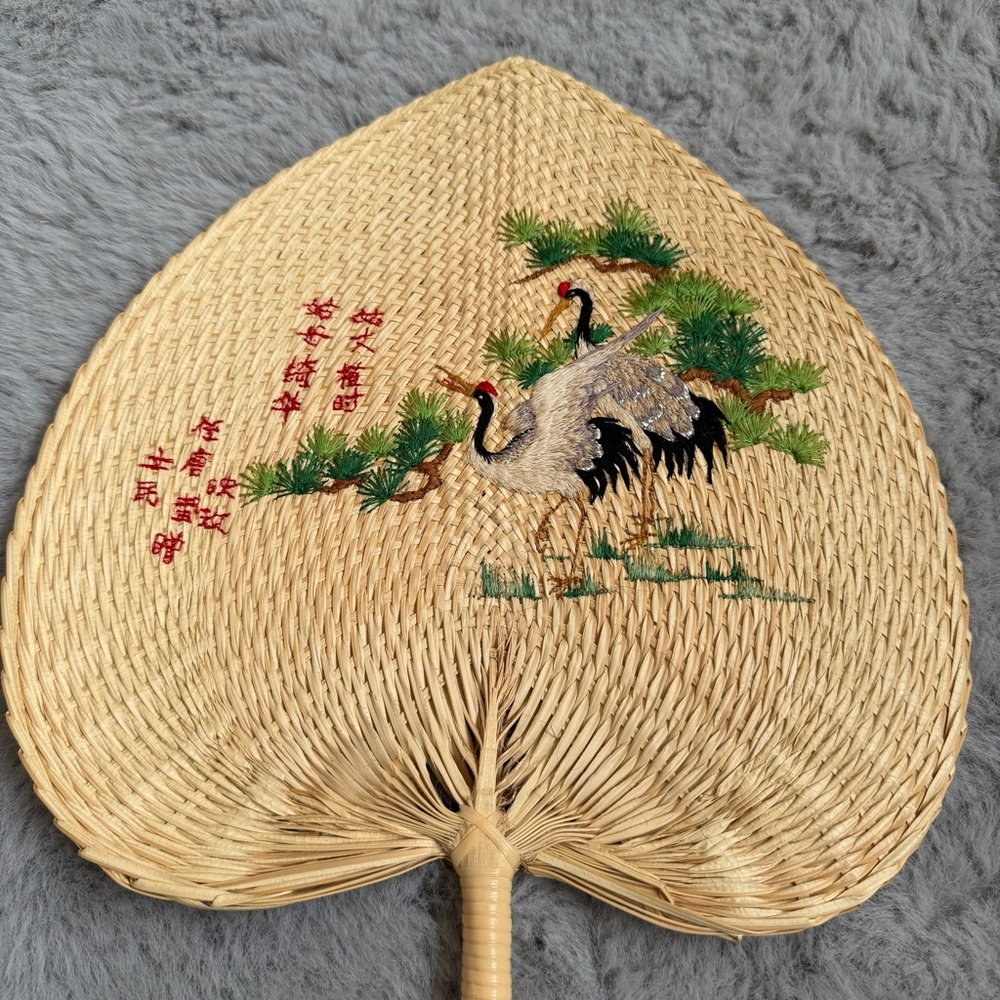 Chinese Hand Embroidered Straw Fan Suzhou Silk Embroidery Crane Pine Tree Vtg